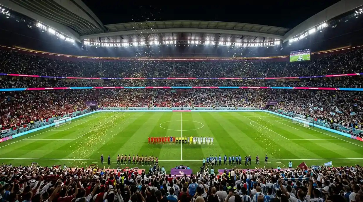 Két válogatott felsorakozik egy telt, megvilágított stadionban a döntő előtt, arany konfetti a levegőben