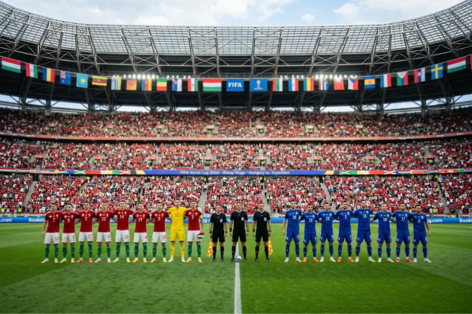 Két válogatott csapat felsorakozva a pályán a mérkőzés előtt, nemzeti mezekben, stadionban