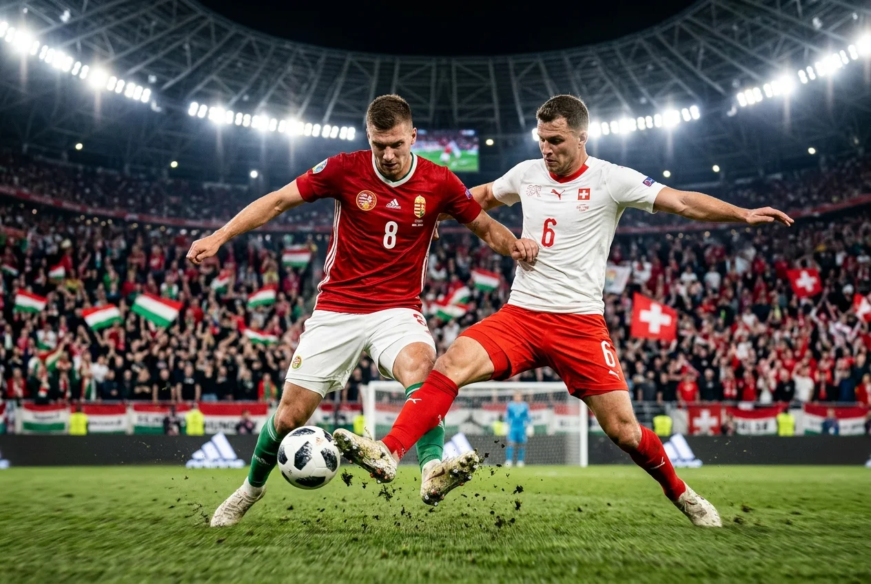Labdarúgók küzdelme a pályán egy nemzetközi mérkőzésen, a háttérben telt lelátók és stadionvilágítás