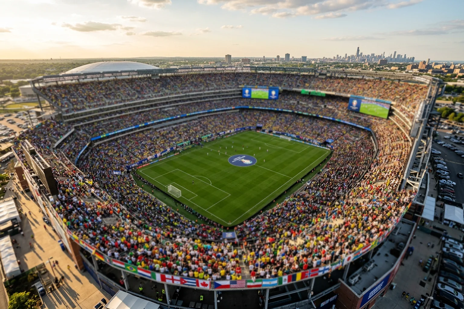 A 2026-os labdarúgó-világbajnokság stadionja panorámafelvételről, telt házas lelátókkal és zöld gyeppel