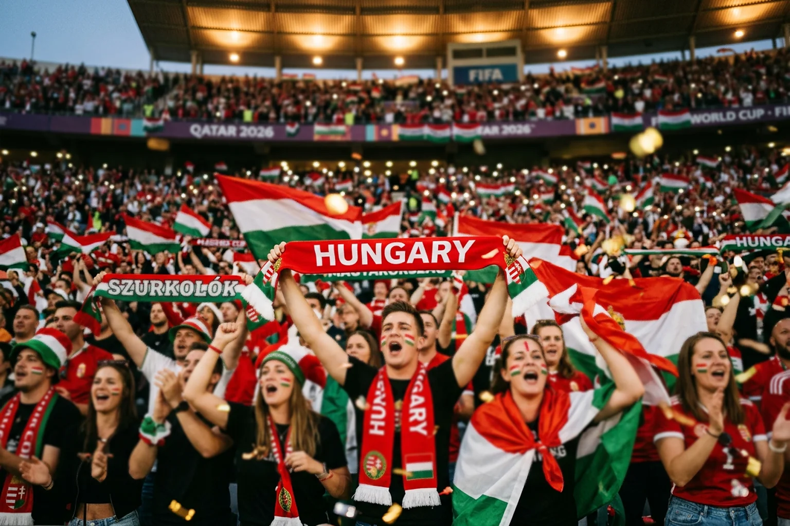 Lelkes szurkolók a stadion lelátóján zászlókkal és nemzeti színekkel egy labdarúgó-világbajnoki mérkőzésen